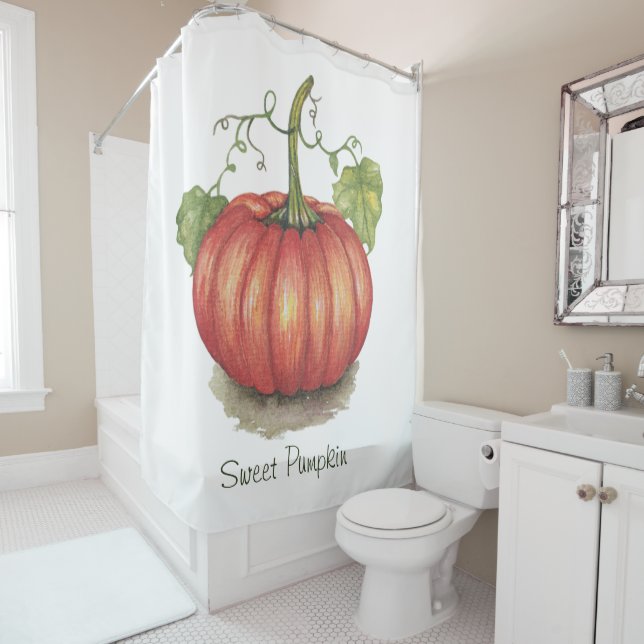 Cute Pumpkin With Vines In Watercolor Shower Curtain (In Situ)