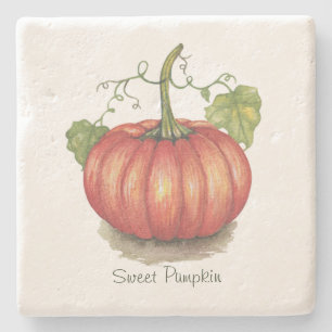 Cute Pumpkin With Vines In Watercolor Stone Coaster