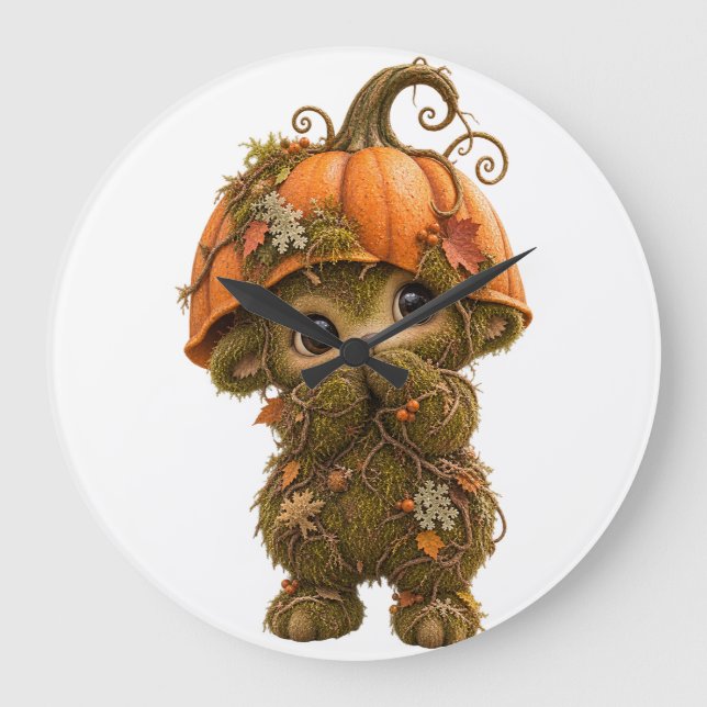 Cute Pumpkin Woodland Creature Wall Clock – Autumn (Front)