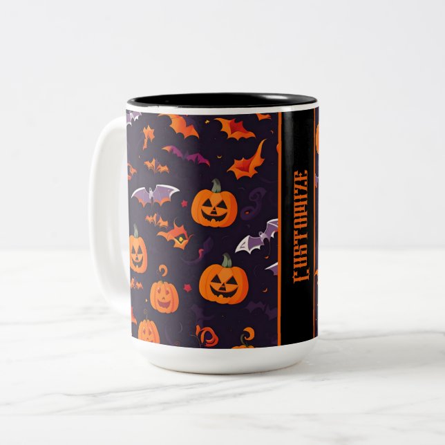 Cute Pumpkins And Bats Two-Tone Coffee Mug (Front Left)
