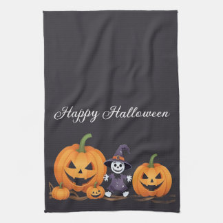 Cute Pumpkins and Little Scarecrow Halloween Tea Towel