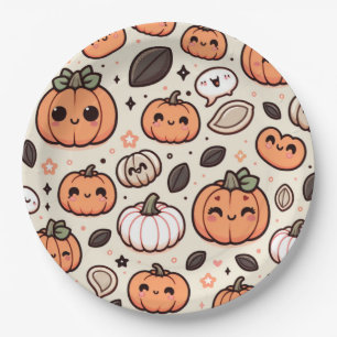 Cute Pumpkins and Pumpkin Seeds Halloween Party Paper Plate