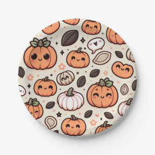 Cute Pumpkins and Pumpkin Seeds Halloween Party Paper Plate