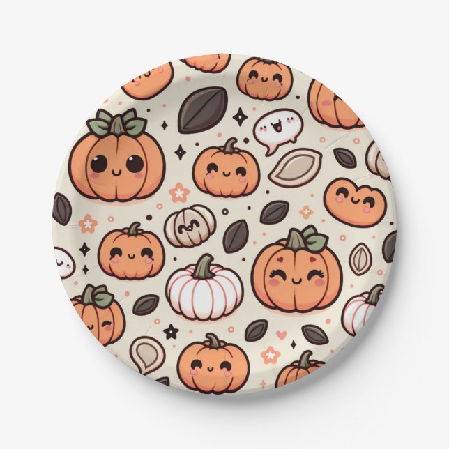 Cute Pumpkins and Pumpkin Seeds Halloween Party Paper Plate (Front)