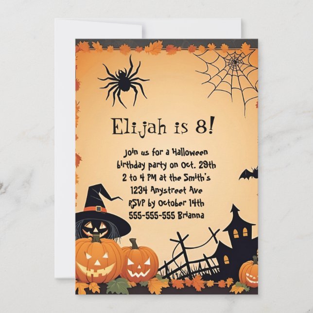 Cute Pumpkins and Spider Kid's Halloween Birthday Invitation (Front)