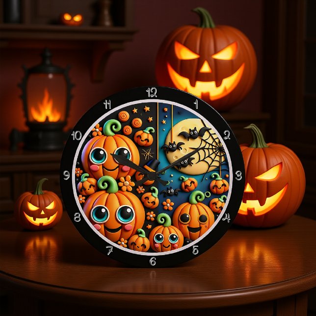 Cute Pumpkins Moon Bats Scene Large Clock (Creator Uploaded)