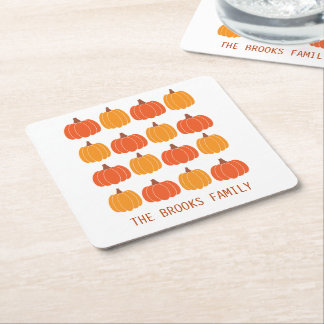 Cute Pumpkins Personalised Family Harvest Season Square Paper Coaster