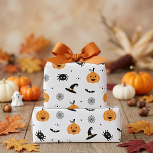 Cute Pumpkins, Spiders And Bats Halloween Wrapping Paper