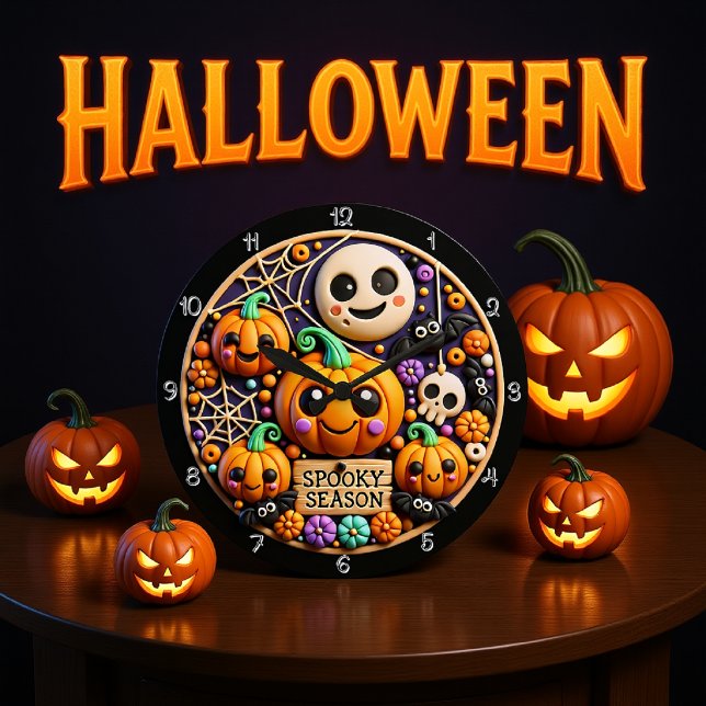 Cute Pumpkins Spooky Season Decor Large Clock (Creator Uploaded)