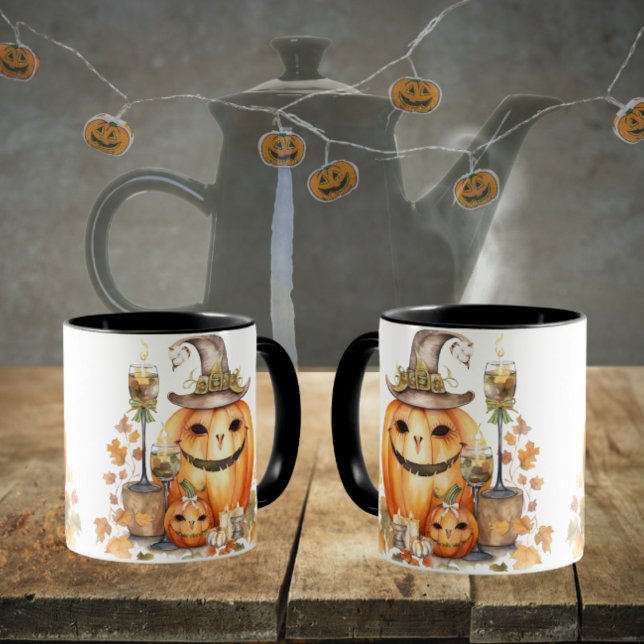 Cute Pumpkins with Bows, Candles and Lashes Mug (Cute autumn harvest pumpkins with bows and leaves.  Great for a Halloween kitchen table too. )