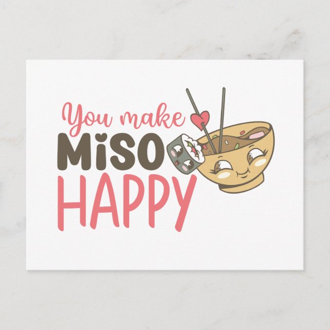 Cute Pun You Make Miso Happy Funny Valentine's Day Postcard (Front)