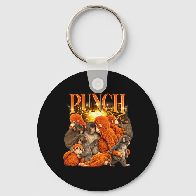 Cute Punch The Monkey Cuddling Stuffed Animal Key Ring (Front)