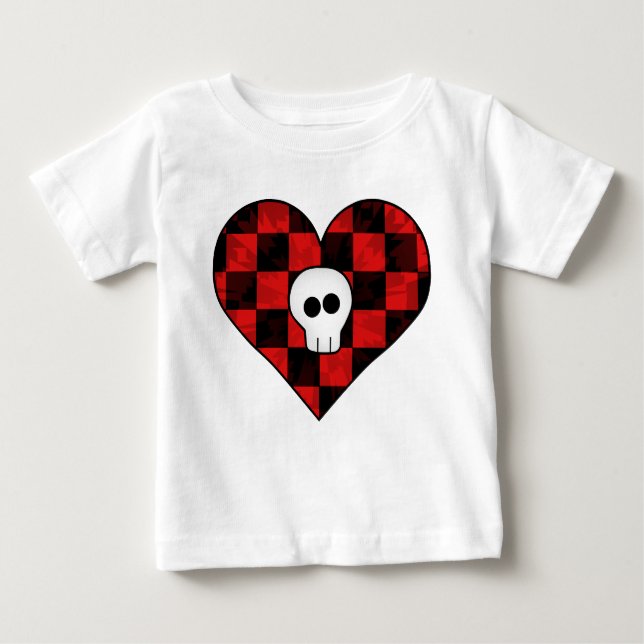 Cute punk goth skull in red chequered heart baby T-Shirt (Front)
