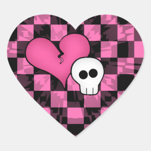 Cute punk hot pink and black broken hearted skull heart sticker
