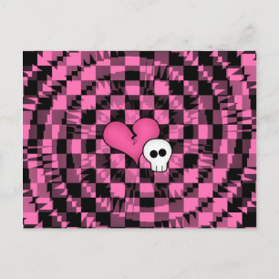 Cute punk hot pink and black heart and skull postcard