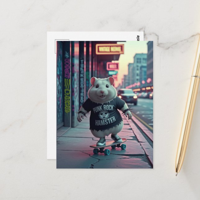 Cute Punk Rock Goth Skateboarding Hamster Postcard (Front/Back In Situ)