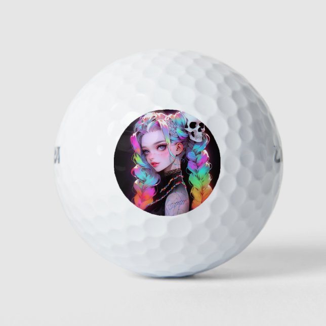 Cute Punk Rock Skull Goth Rainbow Braid Anime Girl Golf Balls (Front)