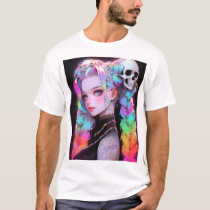 Cute Punk Rock Skull Goth Rainbow Braid Anime Girl T-Shirt
