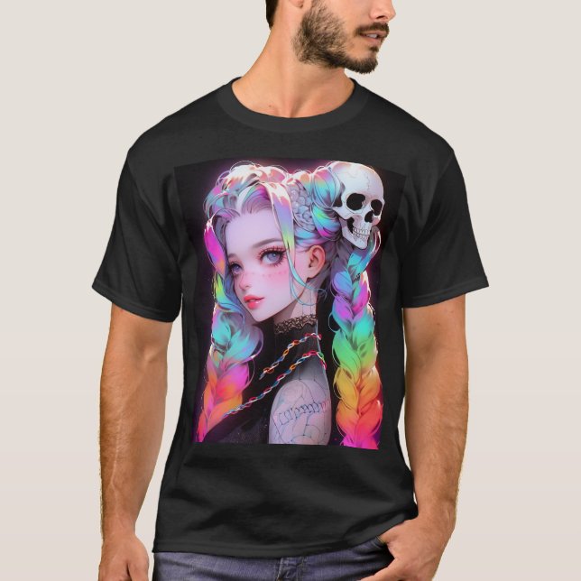 Cute Punk Rock Skull Goth Rainbow Braid Anime Girl T-Shirt (Front)