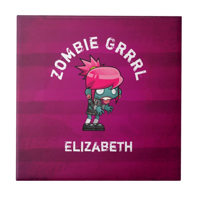 Cute Punk Rock Zombie Grrrl Personalised Ceramic Tile (Front)