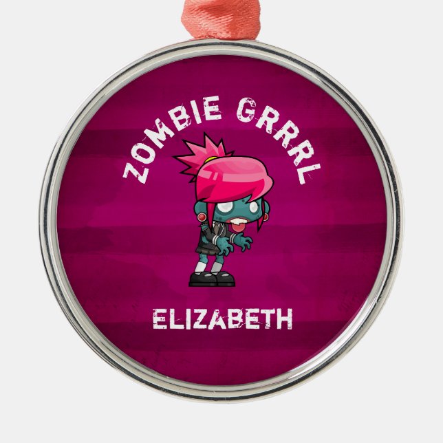 Cute Punk Rock Zombie Grrrl Personalised Metal Tree Decoration (Front)