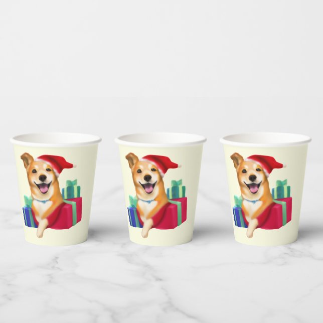 Cute Pup with Santa Hat and Gifts    Paper Cups (Multi)
