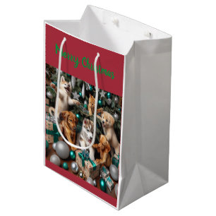 Cute Puppies and Kitten at Christmas Medium Gift Bag