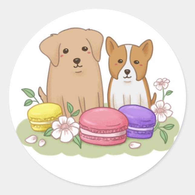 Cute Puppies and Macarons Illustration Classic Round Sticker (Front)
