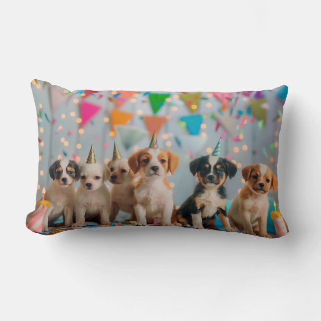 Cute Puppies Birthday Party Celebration Design Lumbar Cushion (Front)