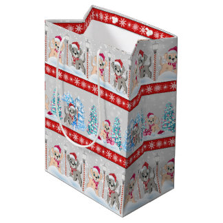 Cute Puppies Cartoons Snowy Christmas Holidays Medium Gift Bag