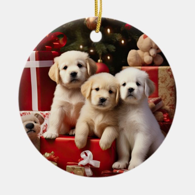 Cute Puppies Dogs Happy Holidays Christmas Ceramic Ornament (Front)