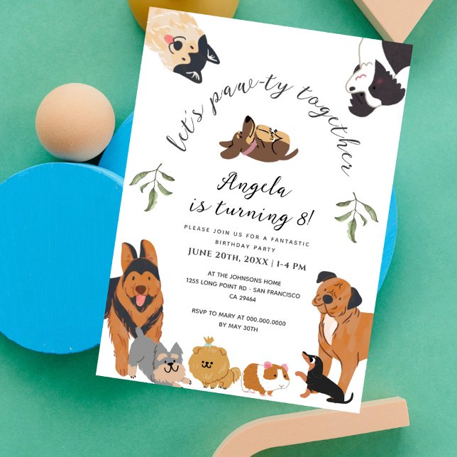 Cute Puppies Dogs Lets Pawy Kids Birthday Party Invitation (Creator Uploaded)