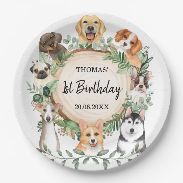 Cute Puppies Dogs Pooch Pet Birthday Party Paper Plate (Front)