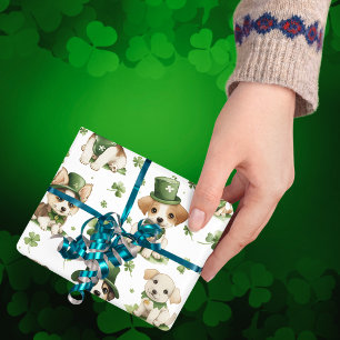 Cute Puppies Green Hat Shamrock St. Patrick's Day Wrapping Paper