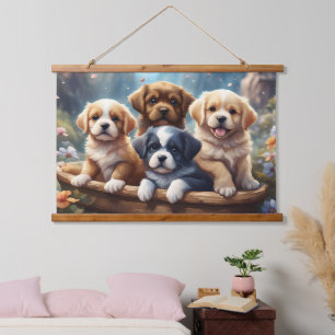 Cute puppies in a basket hanging tapestry