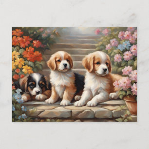 Cute Puppies in Flower Garden Postcard