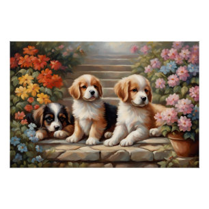 Cute Puppies in Flower Garden Poster