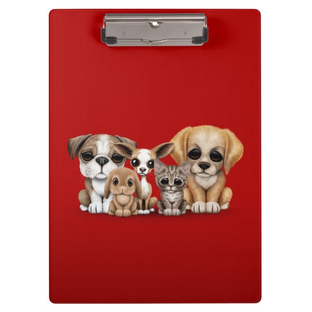 Cute Puppies, Kitten and Bunny Pet Portrait Red Clipboard (Front)