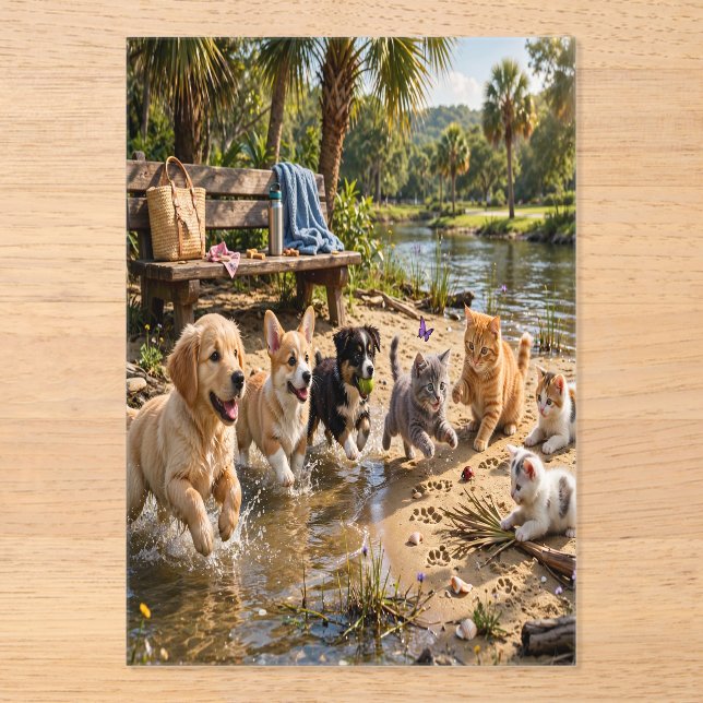 Cute Puppies & Kittens Riverside Adventure  Acrylic Invitations (Front)