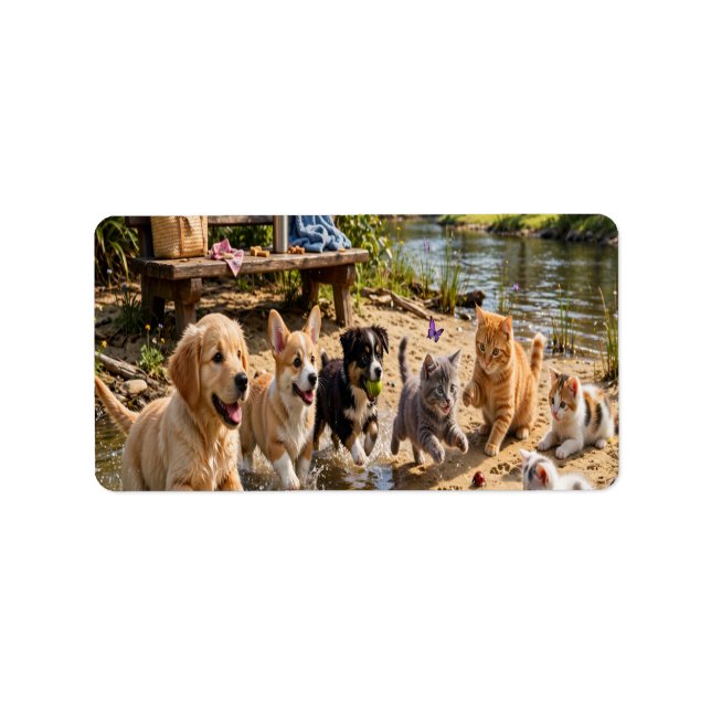 Cute Puppies & Kittens Riverside Adventure Address Label (Front)