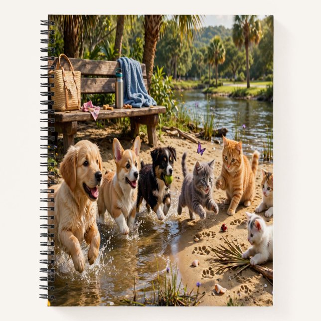 Cute Puppies & Kittens Riverside Adventure Spiral  Notebook (Front)