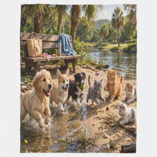 Cute Puppies & Kittens Riverside Fleece Blanket 