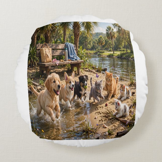 Cute Puppies & Kittens Riverside Round Pillow (Front)