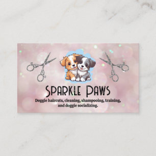 Cute Puppies Logo Scissors Bokeh Business Card