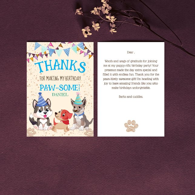 Cute puppies puppy party let's paw-ty thank you card (Cute puppies puppy party let's paw-ty thank you card birthday thank you card blue for boys)