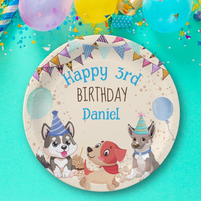 Cute puppies puppy party personalised name paper plate (Creator Uploaded)