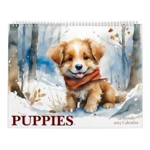 Cute Puppies Watercolor Art 12-Month 2025 Calendar