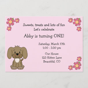 Cute Puppy 1st Birthday Invitation for Girls