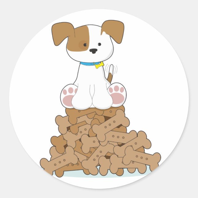 Cute Puppy and Bones Classic Round Sticker (Front)