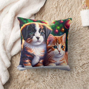 Cute puppy and cat under Christmas tree Cushion